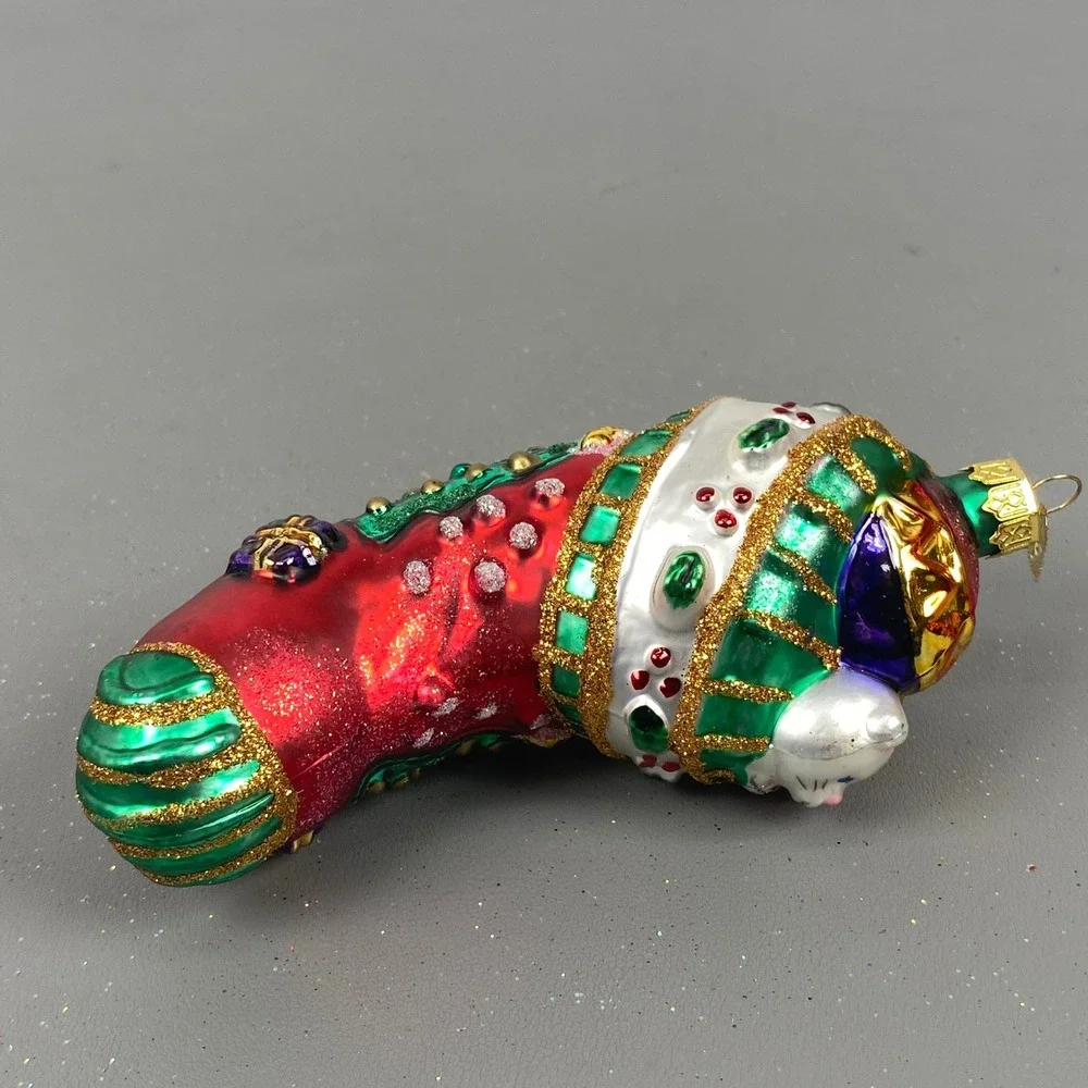 Old World Christmas Glass Holiday Ornaments Chocolate Cake & Cat In Stocking Set